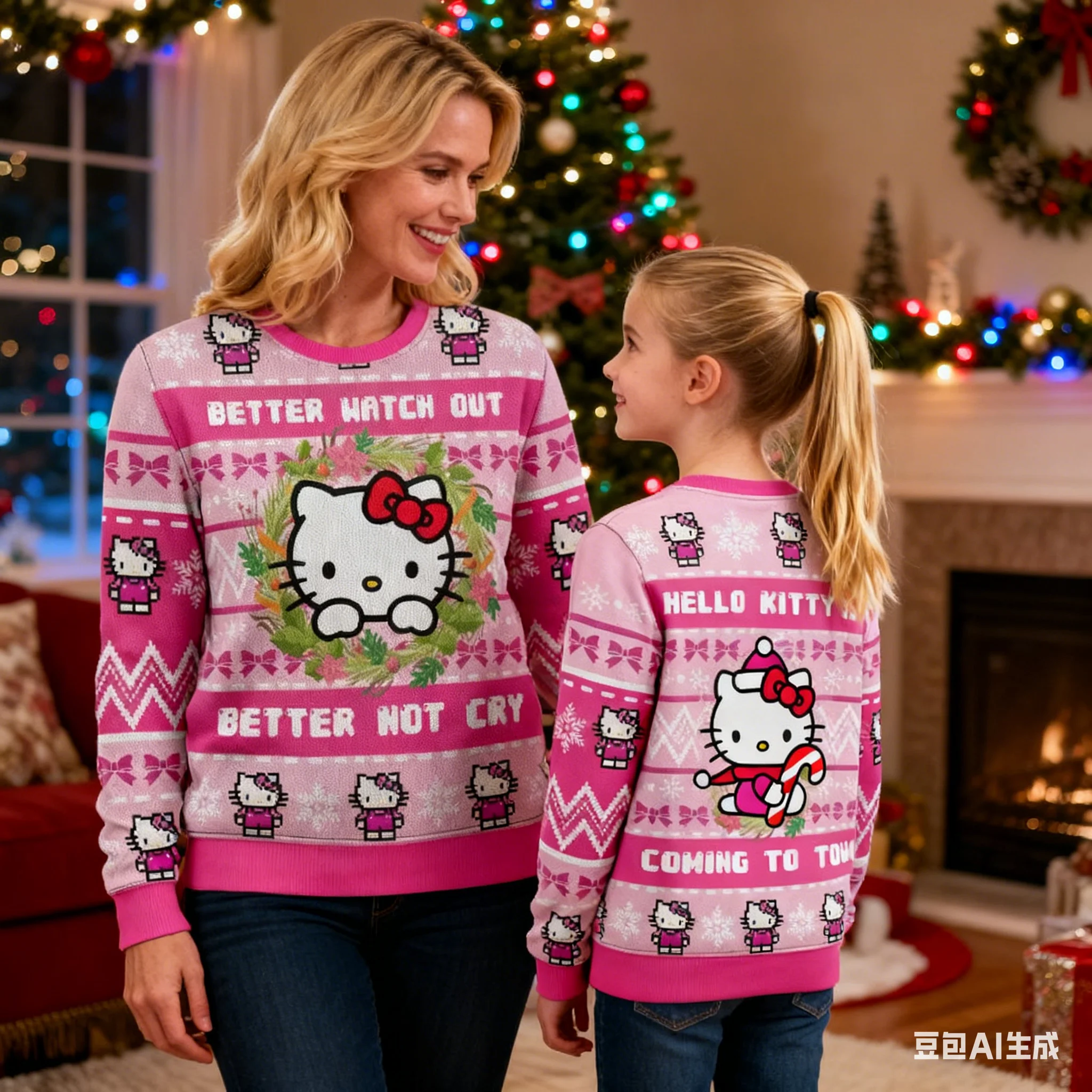 2026 Pink Hello Kitty Pattern Ugly Christmas Sweater Hot Selling High Quality Party Comfortable Home Mother and Daughter Sweater