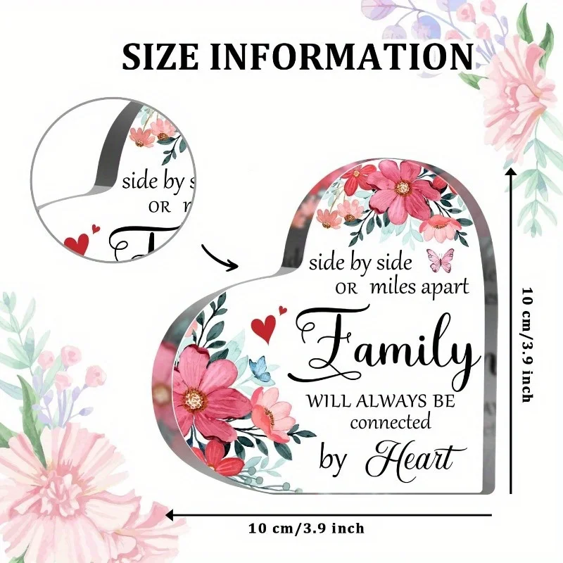 Floral Acrylic Family Keepsake: Connected by Heart Gift for Sister, Mom