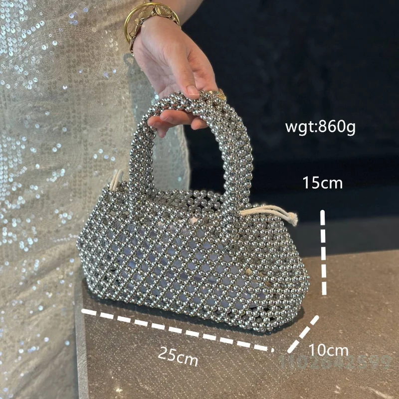 2026 New Women's Metal Bag Fashion High Quality Beaded Women's Handbag Premium Party Solid Color Versatile Lipstick Storage Bag