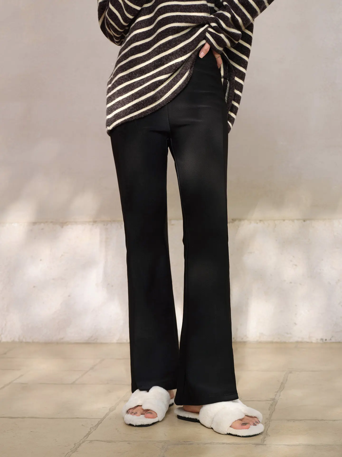 Women Spring High Waist Slim Fit Flare Pants Lady Petite Friendly Casual Trousers Black Stretchy Bootcut Daily Wear Office Pants