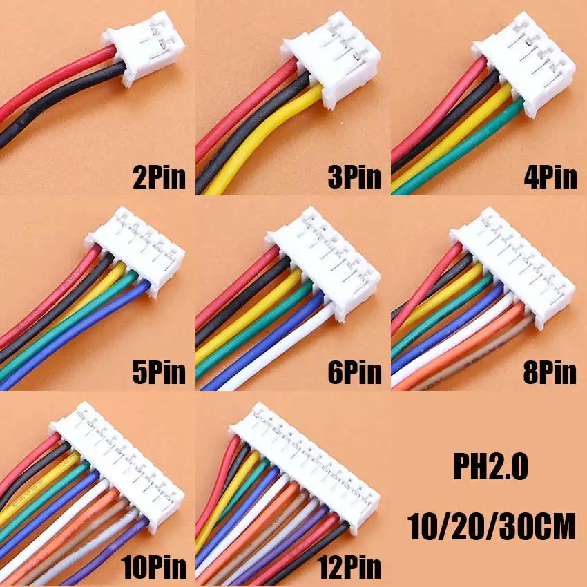 10PCS PH2.0 PH 2.0mm Terminal Wire Cable Connector 2/3/4/5/6/8/10/12 Pin 2.0MM Pitch Plug 10CM/20CM/30CM Wire Length 26AWG