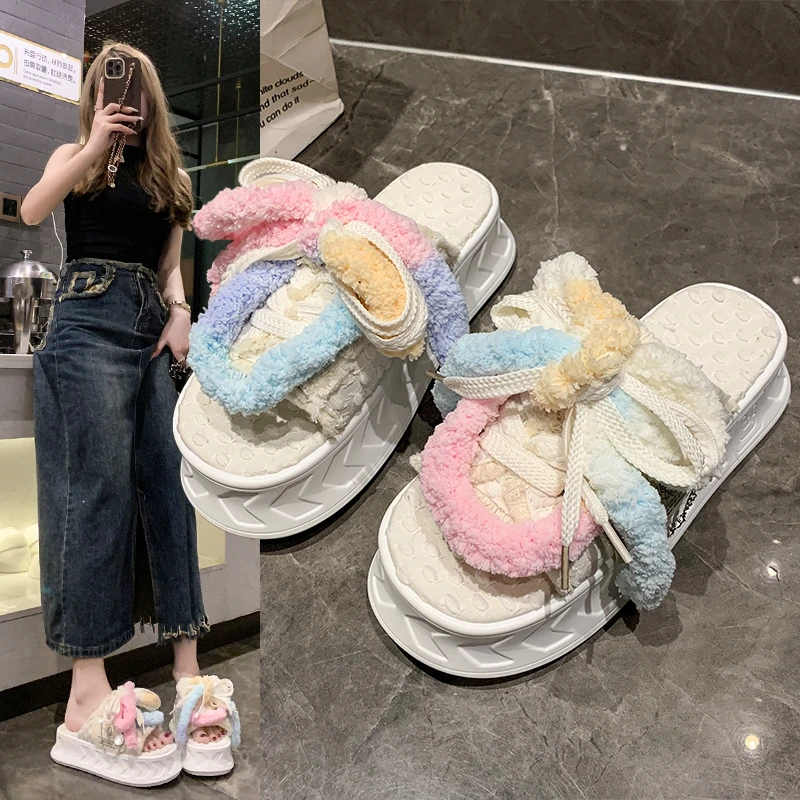 Kawaii 5.5CM Summer Women Weave Slippers Platform Shoes Mules Flip Flops Candy Color Sandals Flat Casual Soft Cute Outdoor Shoes