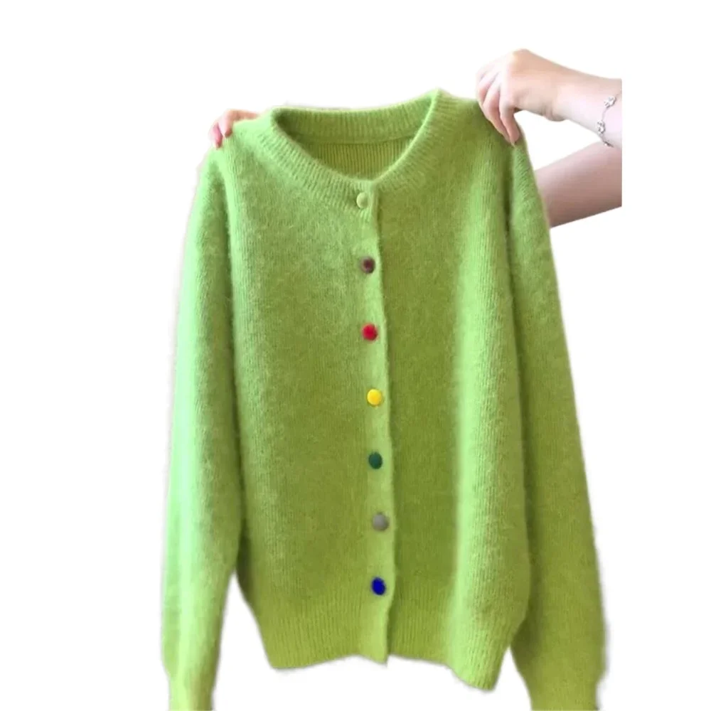 

2025 Autumn Women Green Knit Cardigan Sweater Vintage Clothes Korean Fashion Clothes Tops Korean Long Sleeves Oversize Sweaters