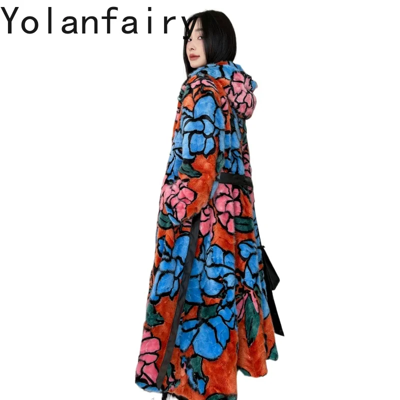YOLANFAIRY Naturalny płaszcz z futra z kapturem damski zimowy płaszcz z prawdziwego futra norek dla kobiet modny luźny płaszcz z futra z nadrukiem długi płaszcz wierzchni