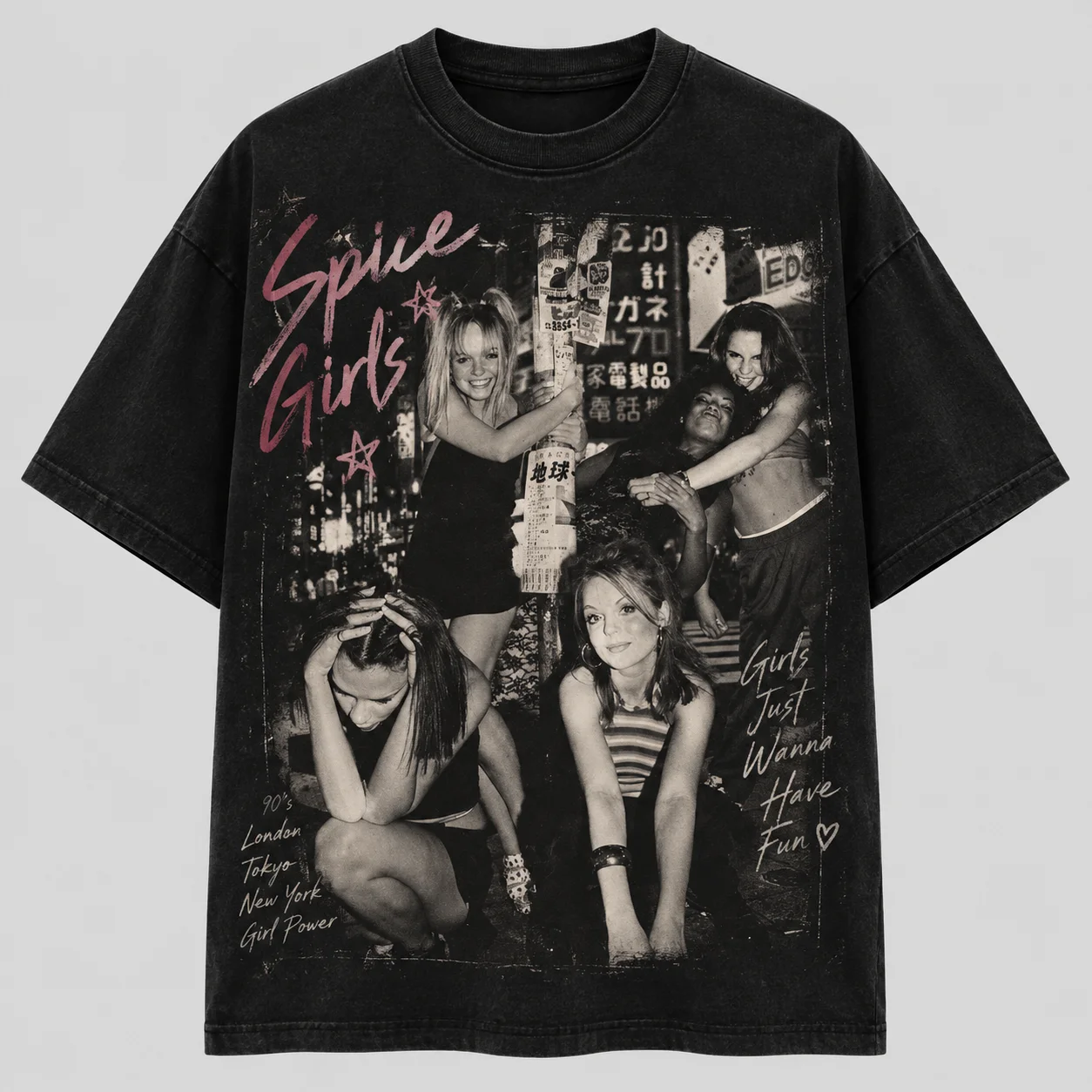 Spice Girls Girl Power Forever T‑Shirt,Vintage Washed Black Tee,3D Print Design,Y2K Retro Streetwear,Unisex Loose Fit Band Merch
