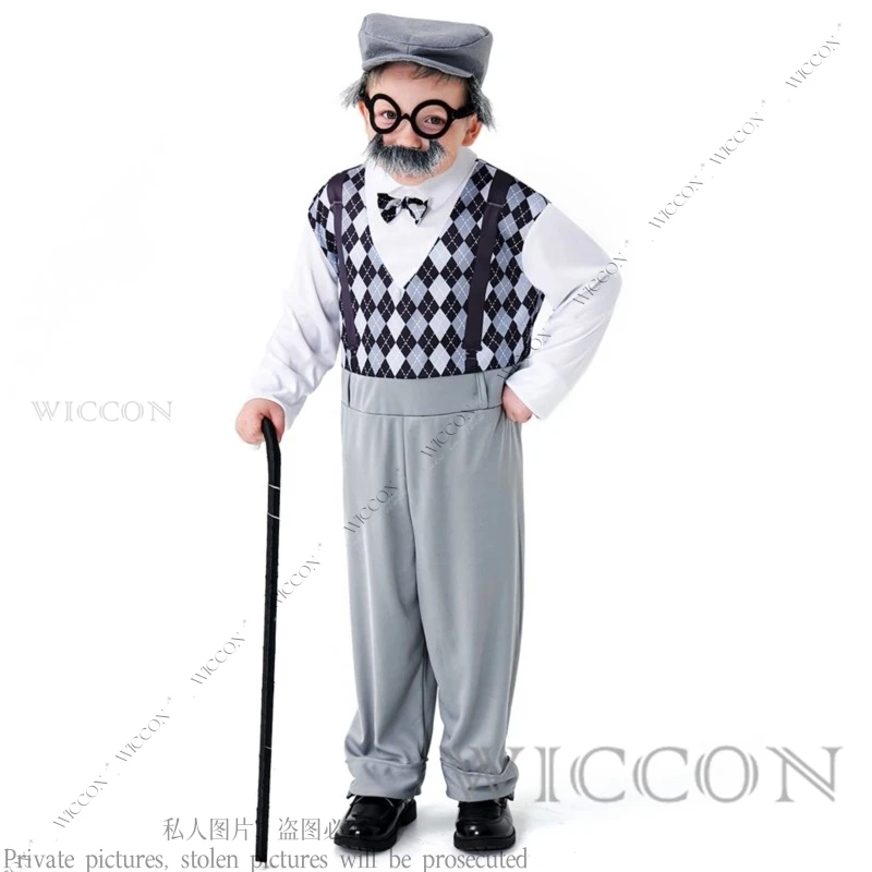 

Centenarians Cosplay Halloween Costumes Stage Costume Grandpa Costume Gray Brown Glasses Hat Moustache Cute Funny Kid Child