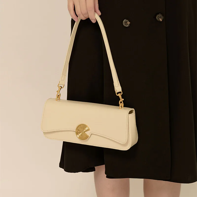 Genuine Leather Baguette Shoulder Bag Retro Solid Crossbody Handbag Multi Way Wear Round Spiral Metal Buckle