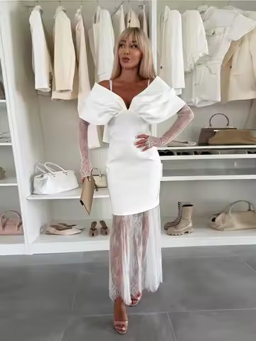 Women Dress Black Detachable Lace Train Maxi Dress Deep V-Neck Lace Insert Bodycon Mini Dresses Evening Party Dresses For Ladies