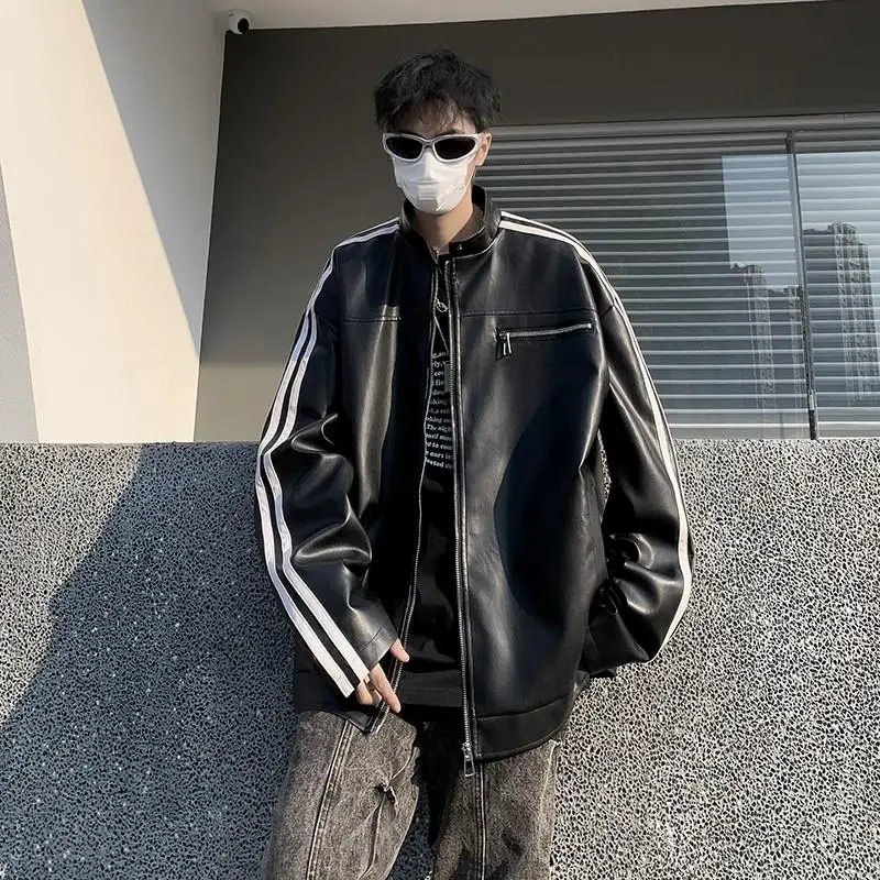 

Street Style Men's Biker Jacket PU Leather Coat Marbled Brown Striped Patchwork Trendy Brand High-End Feel Autumn Outerwear