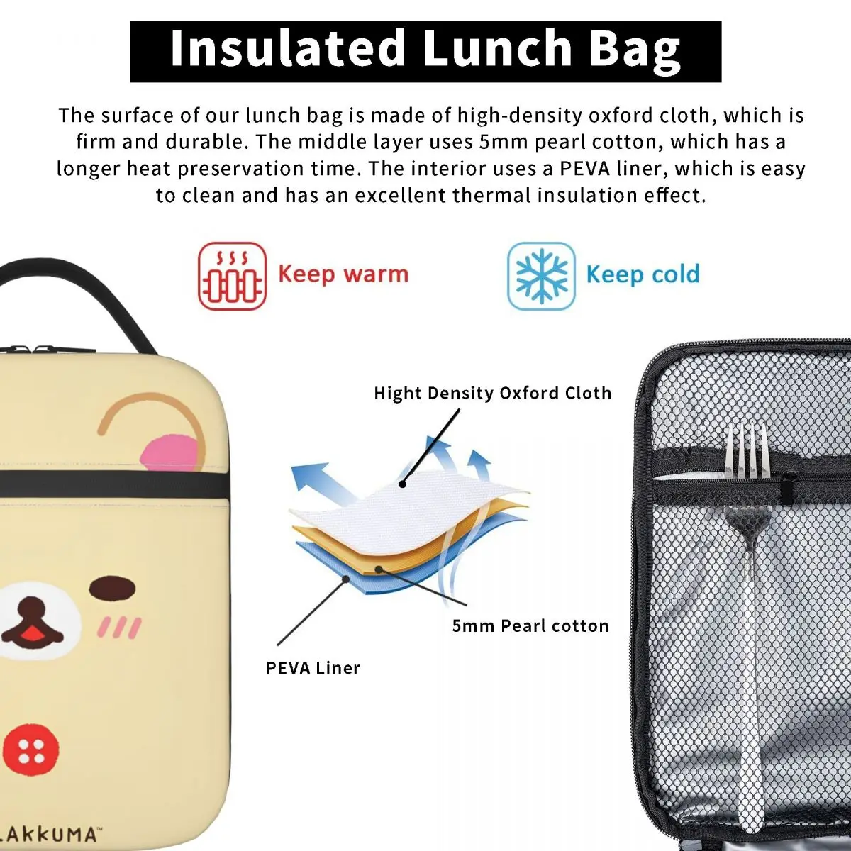 Kawaii Cartoon Rilakkuma Insulated Lunch Bag Thermal Bag Reusable Meal Container Leakproof Tote Lunch Box for Men Women Picnic