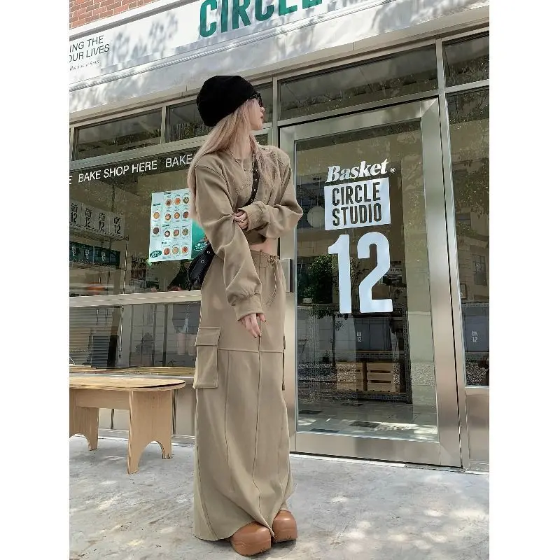 Korejpaa American Retro Women Suit Streetwear Long Sleeved Printed Sweatshirt Top 2024 Autumn Safari Style Skirt Two Piece Set