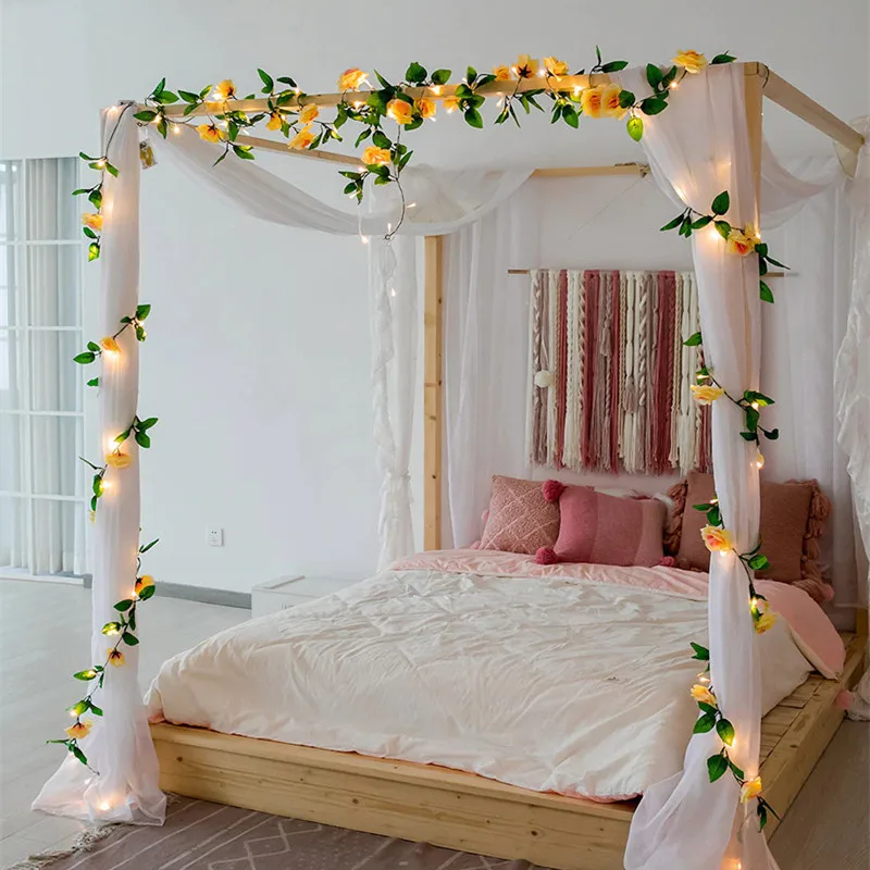 Green Leaf Flower With LED Lights String Artifical Plant Fairy Lights Garland Decorations for Home Bedroom