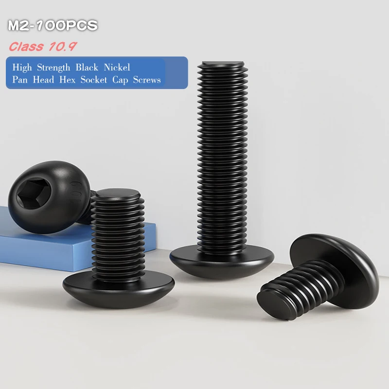 High Toughness Alloy Steel 10.9 Grade Black Nickel Pan Head Hex Socket Screws, High Strength Home Maintenance Fastening Hardware