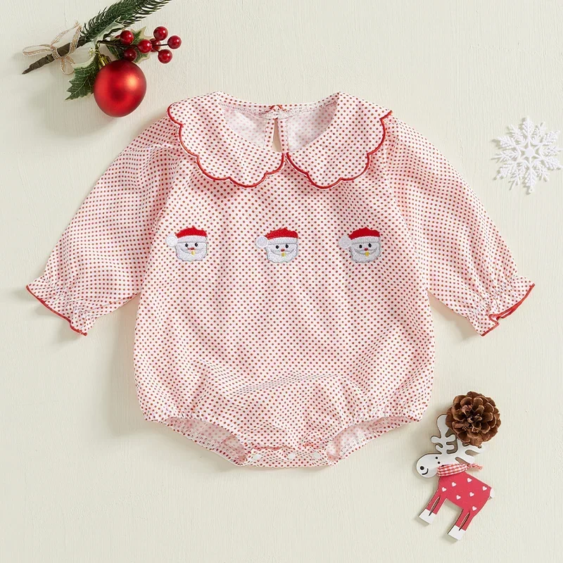 Baby Girls Rompers Christmas Clothes Dot Print Santa Embroidered Long Sleeve Bodysuits Xmas Fall Winter Clothes