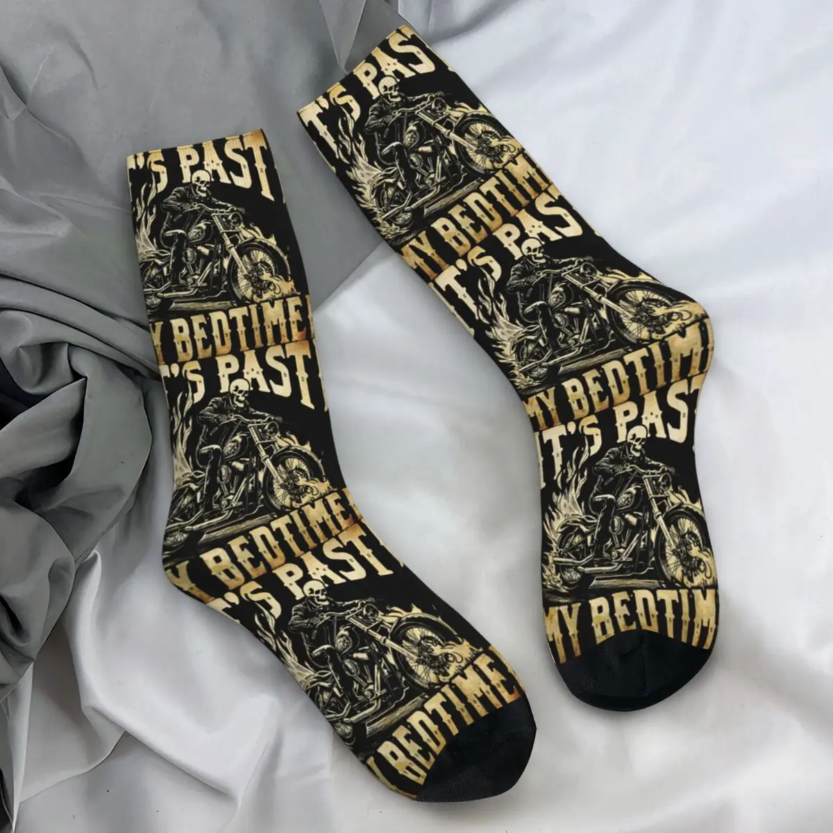 Funny Skeleton Motorcycle Its Past My Bedtime Meme Halloween Socks Spring Stockings Retro Couple Socks Anti Bacterial Socks