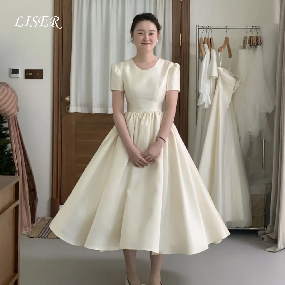 

Liser O-Neck A-Line Elegant Korea Wedding Dresses Short Sleeves Simple Bridal Gowns Photo Shoot 저녁 드레스 Customize Corsets