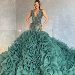 Luxury Emerald Green Beaded Mermaid Evening Dresses Ruffles Tiered Tulle Evening Gowns  Dubai Fomral aprty Dress