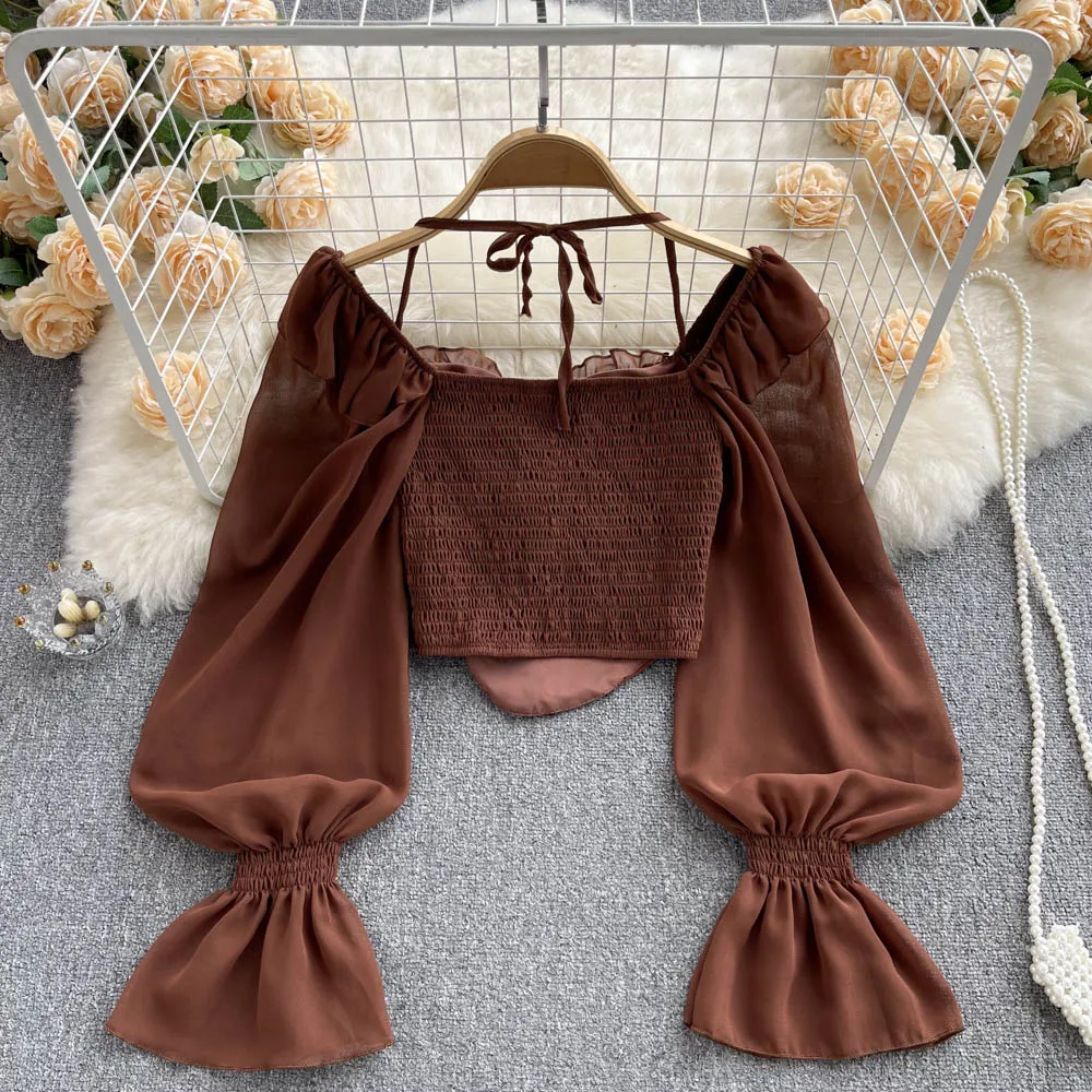 フレンチスタイルレースシャツ半袖ネックハンギングベルト初秋ベルスリーブホワイトブラウスレディースルーズフィットロングスクエアカラー