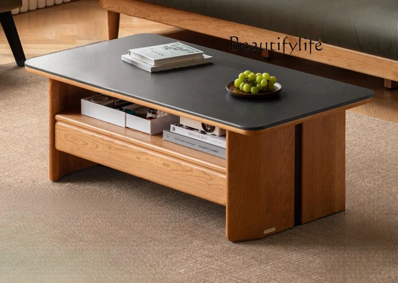 N40 wood coffee table living room modern simple rock slab tea table household cherry wood black standard double-layer tea table