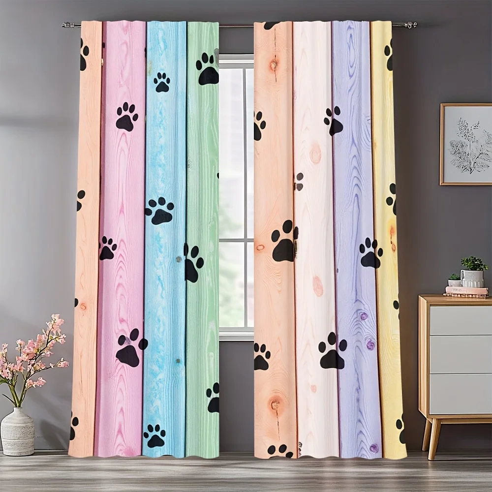 Rustic Wooden Farmhouse Paw Print Curtains Panel Window Drapes Pet Dog Cat Beige Panels Curtains Pair 2pcs