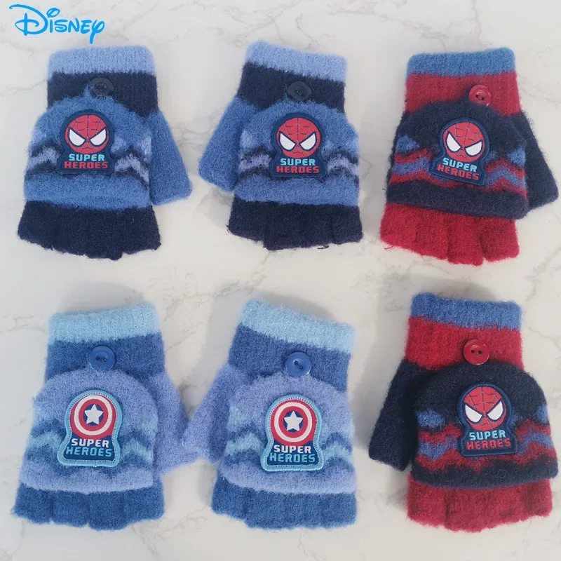 

5-10 Years Disney Marvel Gloves Captain America Half-finger Flip Gloves Kids Writing Warm Knitted Convertible Flip Top Mittens