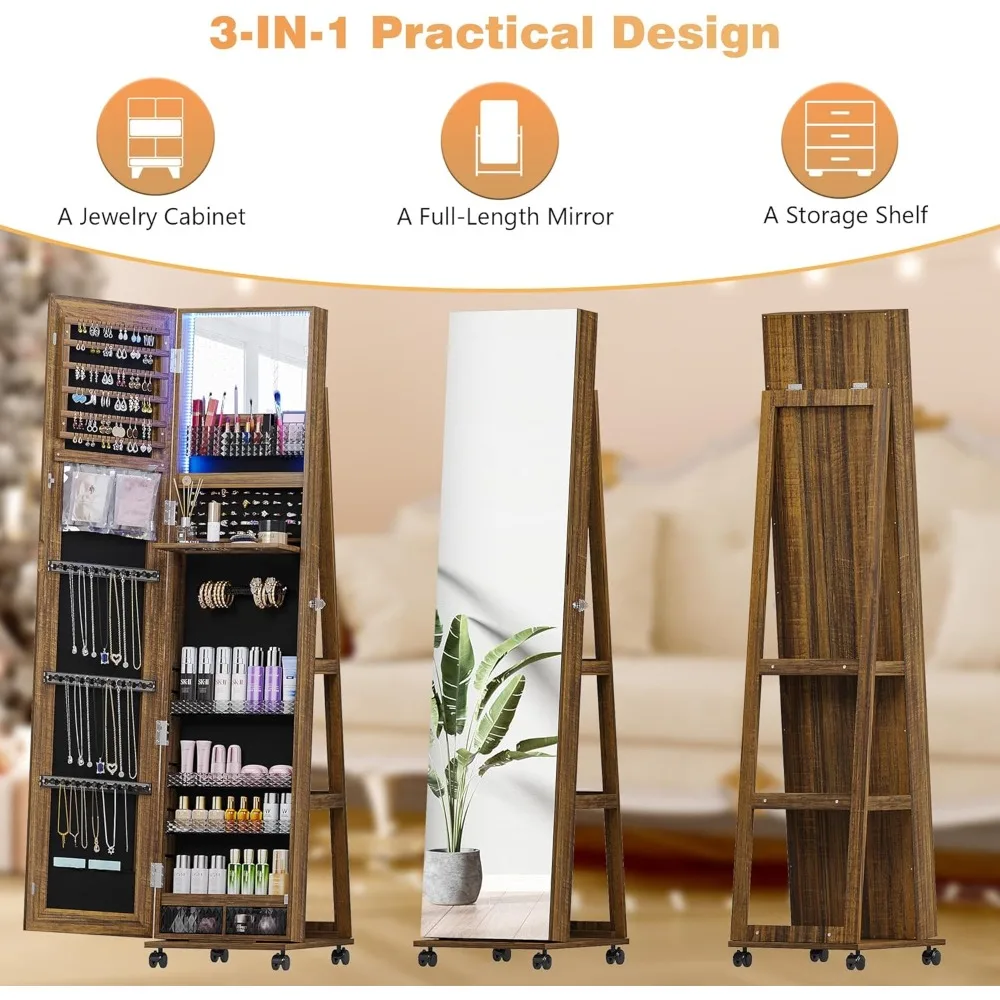 360° Rotating Jewelry Armoire, Full Length Mirror Large Capacity 3 Color Dimmable Jewelry Organizer Armoire, Lockable Standing