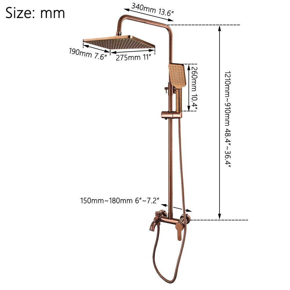 Imagem -02 - Torayvino-rose Gold Rectangle Rainfall Shower Head Torneira do Banheiro Parede Montada Sistema de Chuveiro Banheira Torneira Misturadora