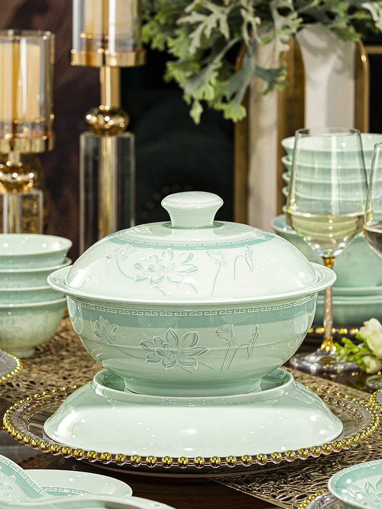 Chinese Style Celadon Lotus High-temperature Underglaze Blue Porcelain Tableware Set for Home New Bowls and Dishes Set