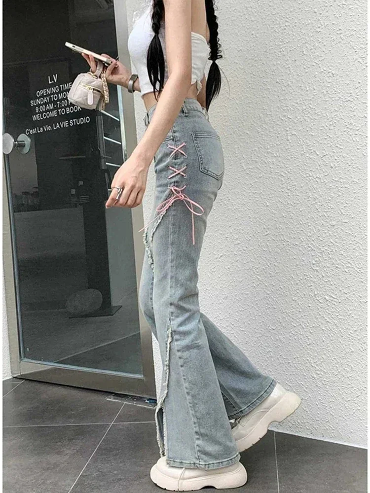 الكورية الشارع الشهير عادية واسعة الساق بنطلون Y2K خمر عالية الخصر مضيئة الجينز المرأة موضة ضمادة شق سليم الدينيم السراويل الصيف