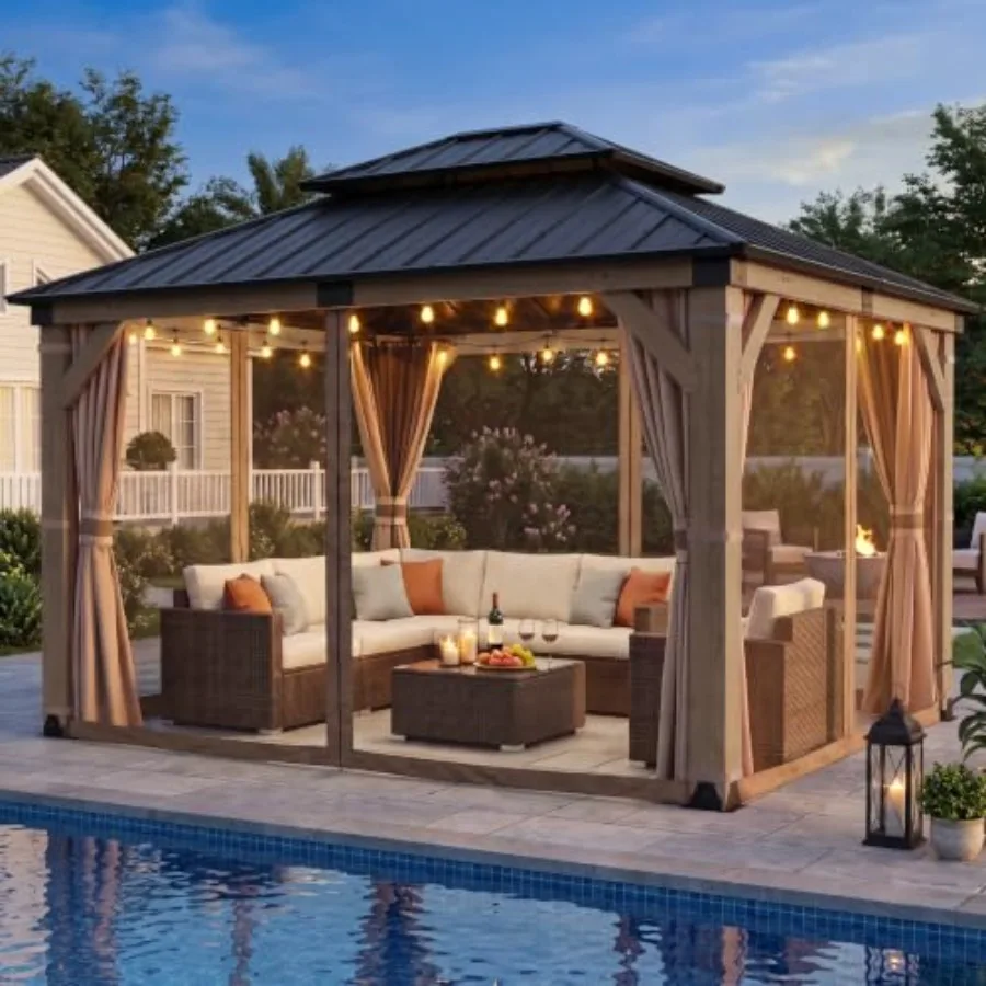 10x12 Feet Cedar Wood Gazebo, Hardtop Wooden Gazebo with 4.6in Thickened PostsandHigh Load-Bearing Roof and Waterproof Curtains
