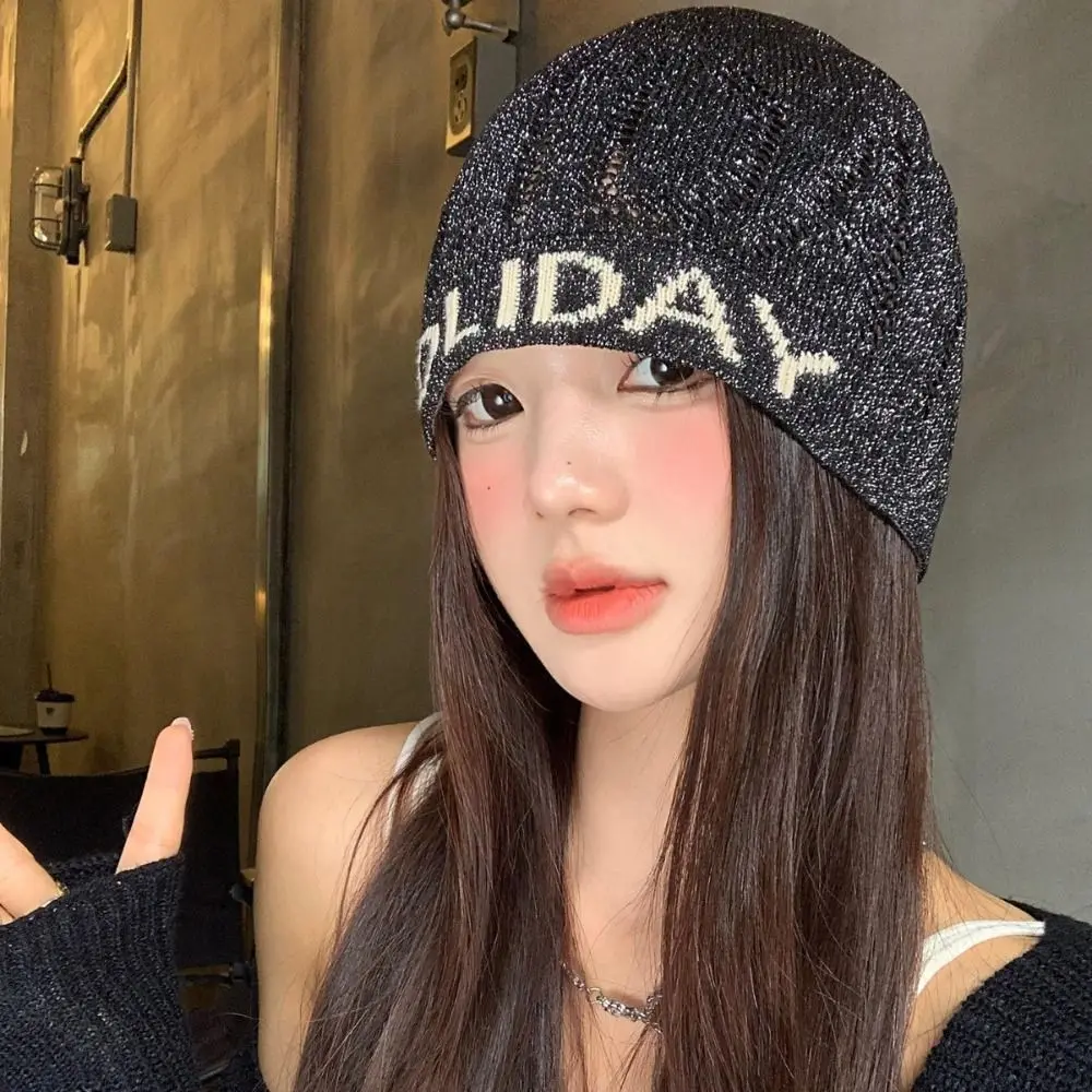 

Fashion Vintage Sequin Knitted Hat Hollow Thin Letter Beanie Hat Mixed Color Cool Knitted Pullover Hat Spicy Girls