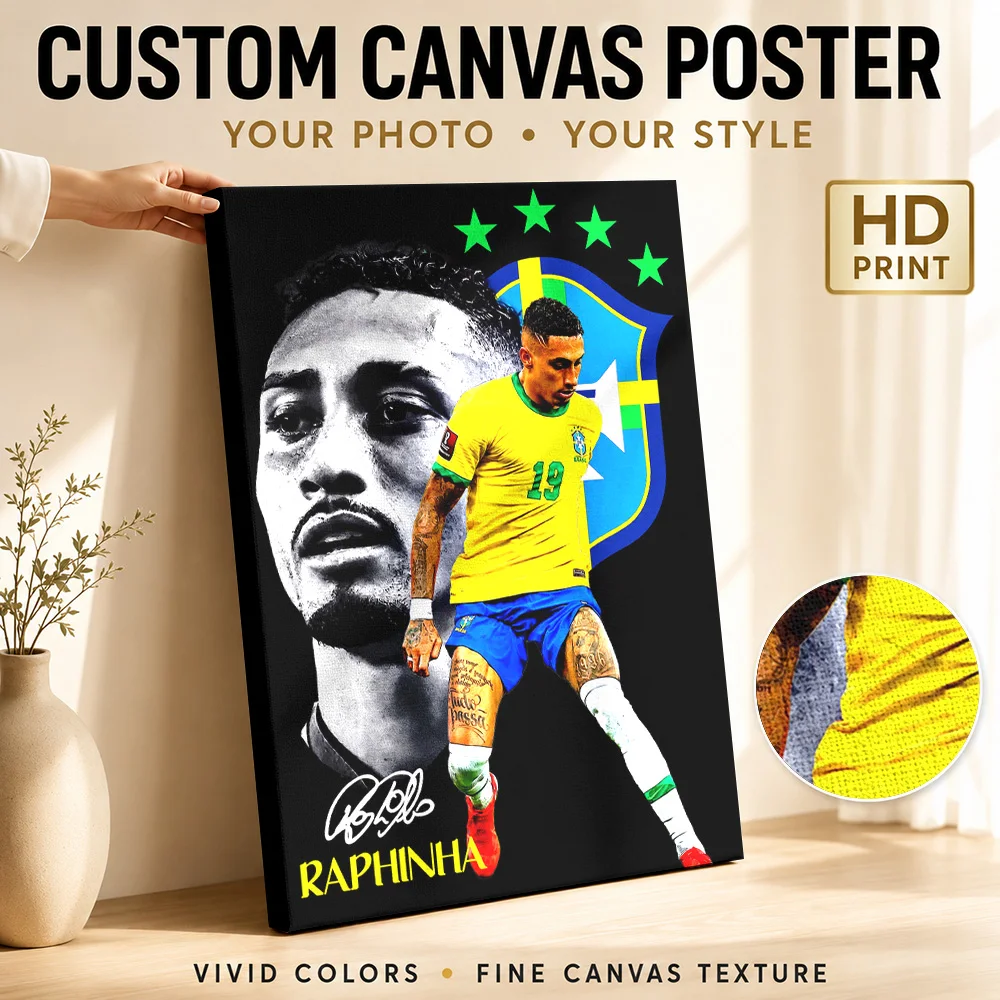 Raphinha Brazil Soccer Tribute Framed Canvas Print Poster Bold Style Wall Art With Personalized Photo For Bedroom Ideal Fan Gift