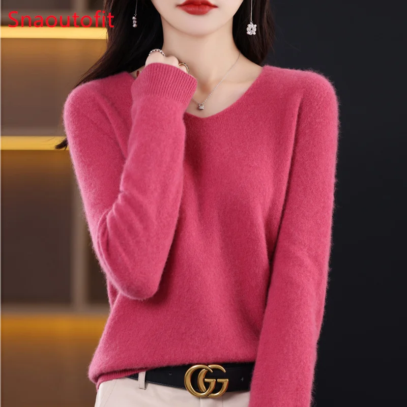 Wool Women\'s Sweater 2023 Autumn Winter Knitted Pullover V-neck Loose Bottoming Shirt Solid Soft Knitwear Jumpers Basic Sweaters