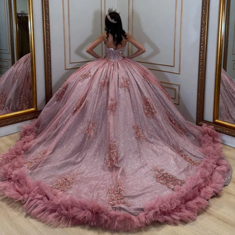 Pink Shiny Quinceanera Dresses Ball Gown Off The Shoulder Applique Lace Beading Crystal Tiered Tull Sweet 16 Dress Vestidos 15