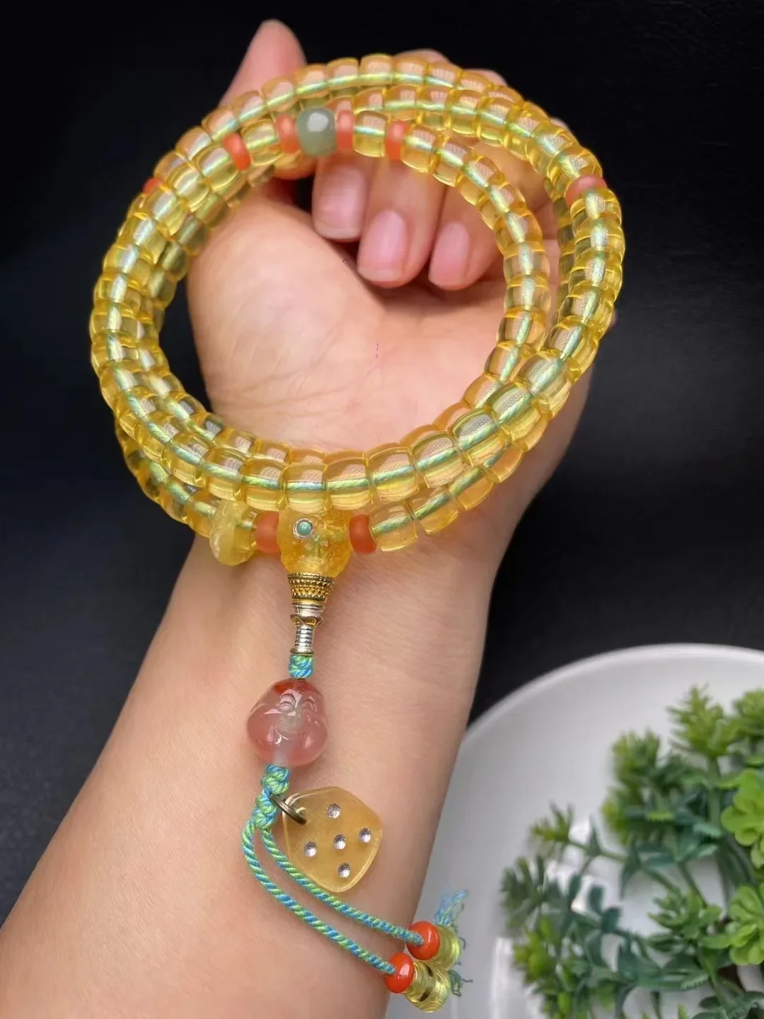 New arrival natural yellow beeswax amber bracelet round beads Carving Buddhist beads jewelry Sweater chain Multi loop bracelet