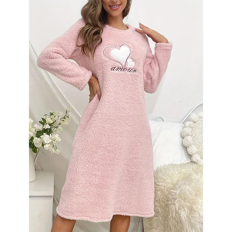 O Neck Pink Sweet Thickened Warm Women Pajamas Dress Fashion Casual Pullover Long Cute Style Loungewear Autumn Winter 2024 New