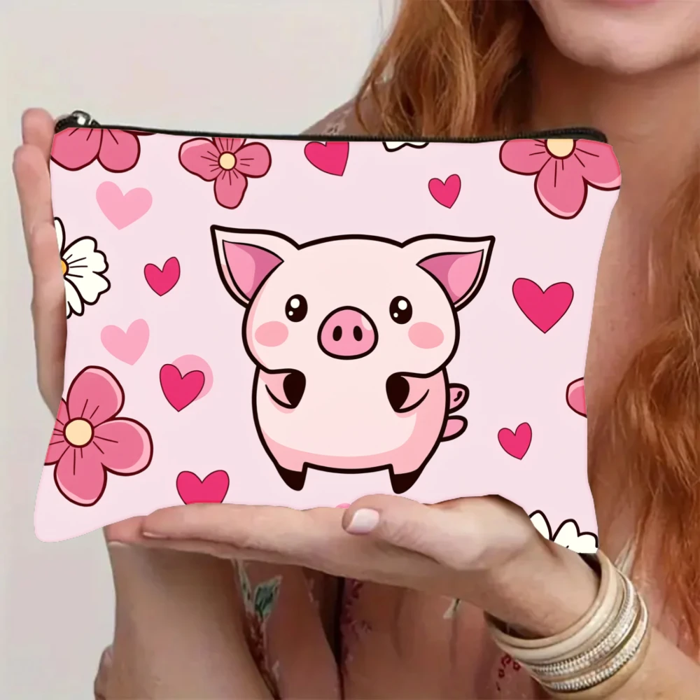 1Pc Cute Pink Pig Heart-Shaped Flower Retro Design Makeup Bag, Snack Storage Bag, Stationery Storage Bag, Canvas Double-Sided Printed Bag