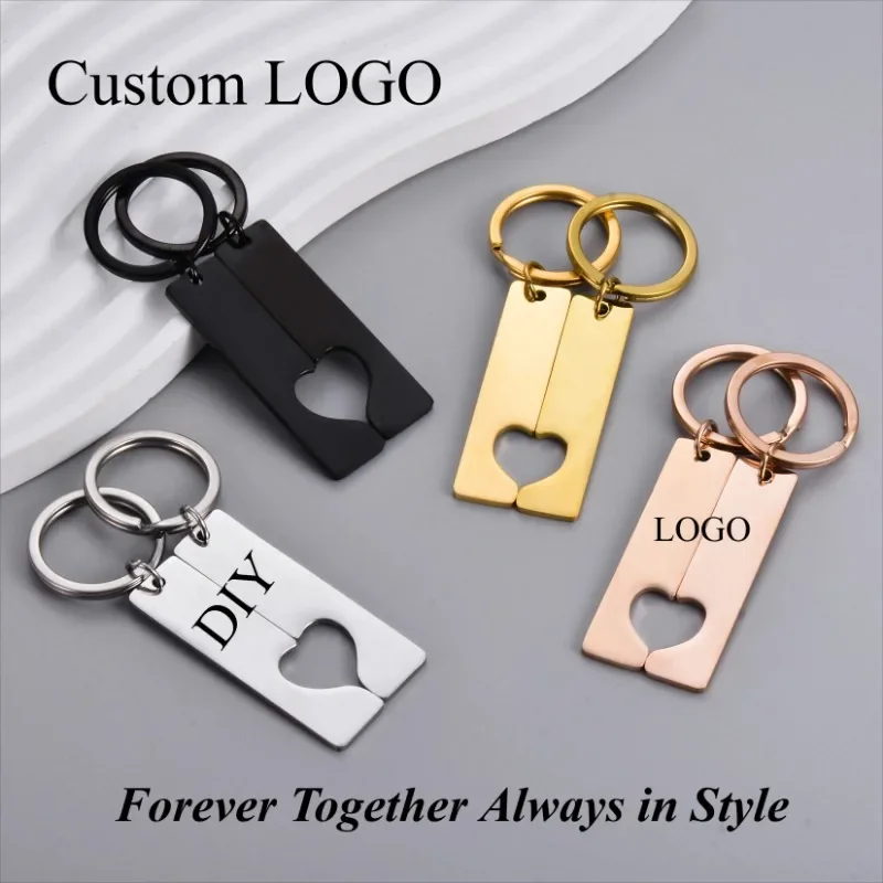 Custom Stainless Steel Heart Bar Puzzle Keychain for Couples Personalized Name Date Engraving Rose Gold Silver Key Ring Gift