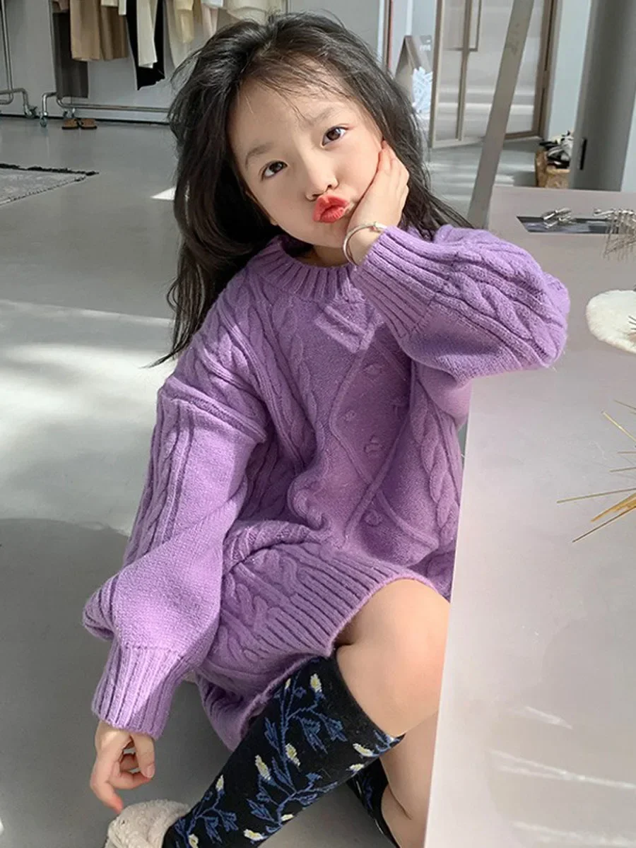 Children Mid Length Sweater Dress Korean Version of Children Wear 2023 Winter New Girls Thick Round Neck Long Sleeve Sweater