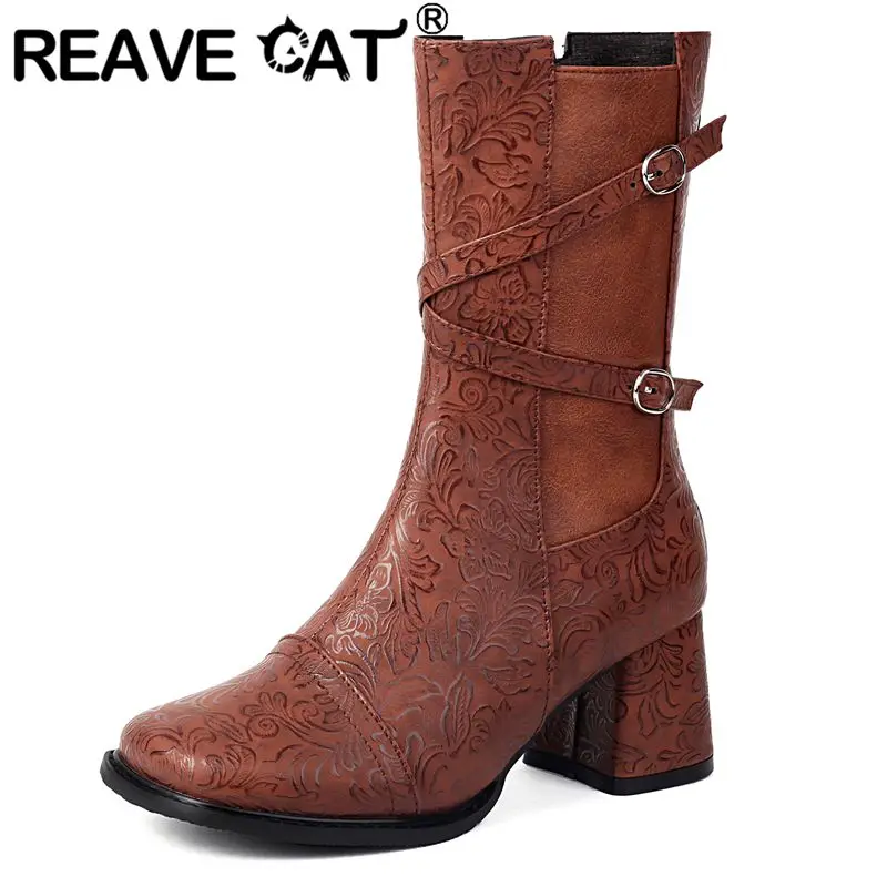 

REAVE CAT 2024, новый дизайн, женские короткие ботинки с квадратным носком, блочные каблуки, 6 см, застежка-молния, пряжка, большой размер 41 42 43, модная встреча Bota