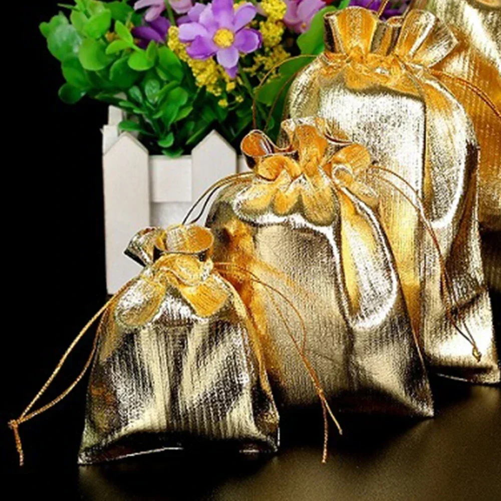 50pcs 5x7cm 7x9cm 9x12cm Metallic Foil Jewelry Packing Silver/Gold Color Drawstring Bag For Wedding Gifts Candy Bags&Pouches