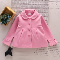 Spring and Autumn Dress Girl Baby Pink Sweet Warm Flip Collar Button Long Sleeved Woolen Coat Korean Edition Coat