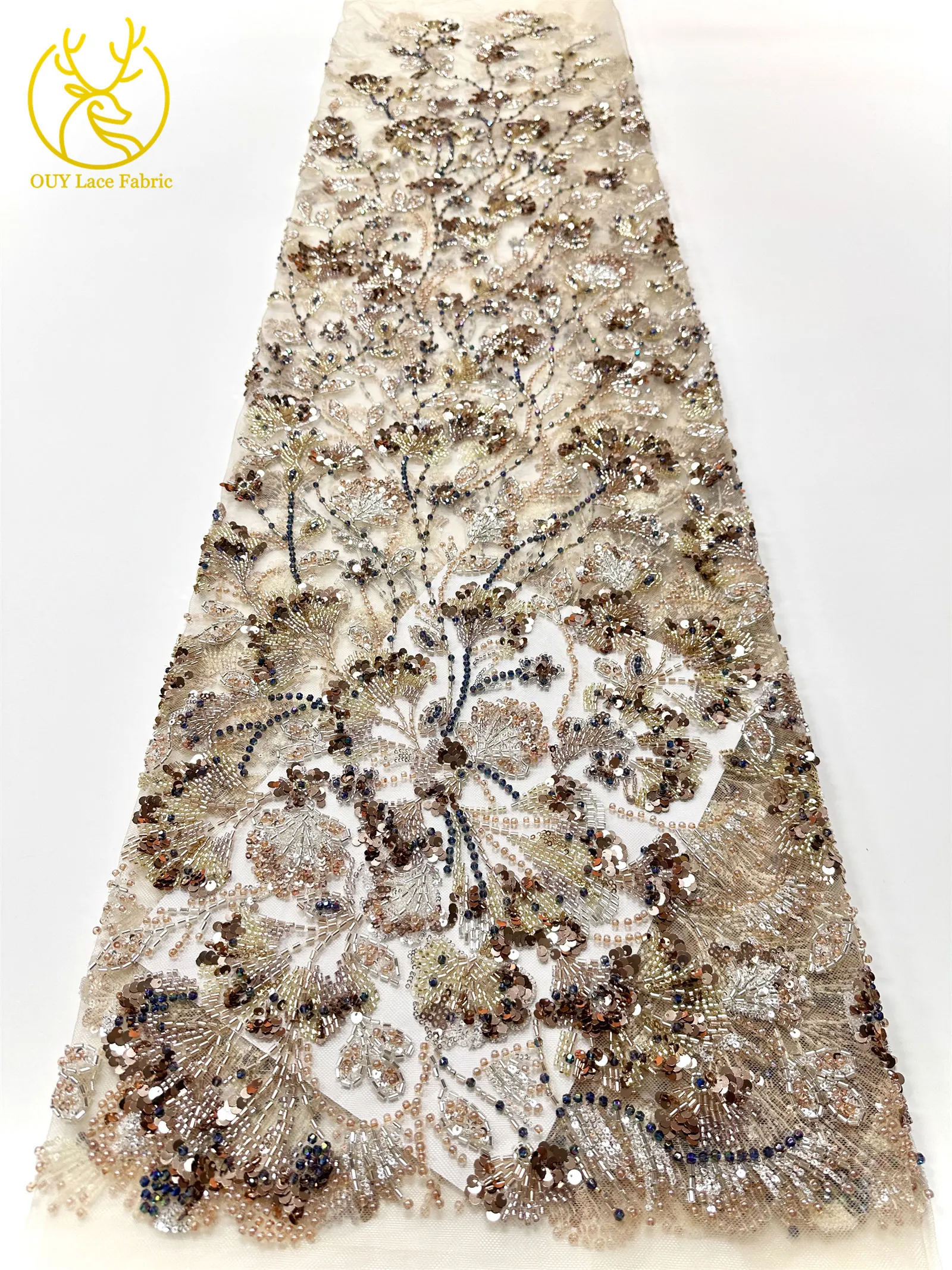 Luxuriöser afrikanischer schwerer Perlen-Spitzenstoff 2026, hochwertiger nigerianischer Tüll mit Pailletten, Spitzenstoff, Brautkleid, Haute Couture-Stoff – Detail 10