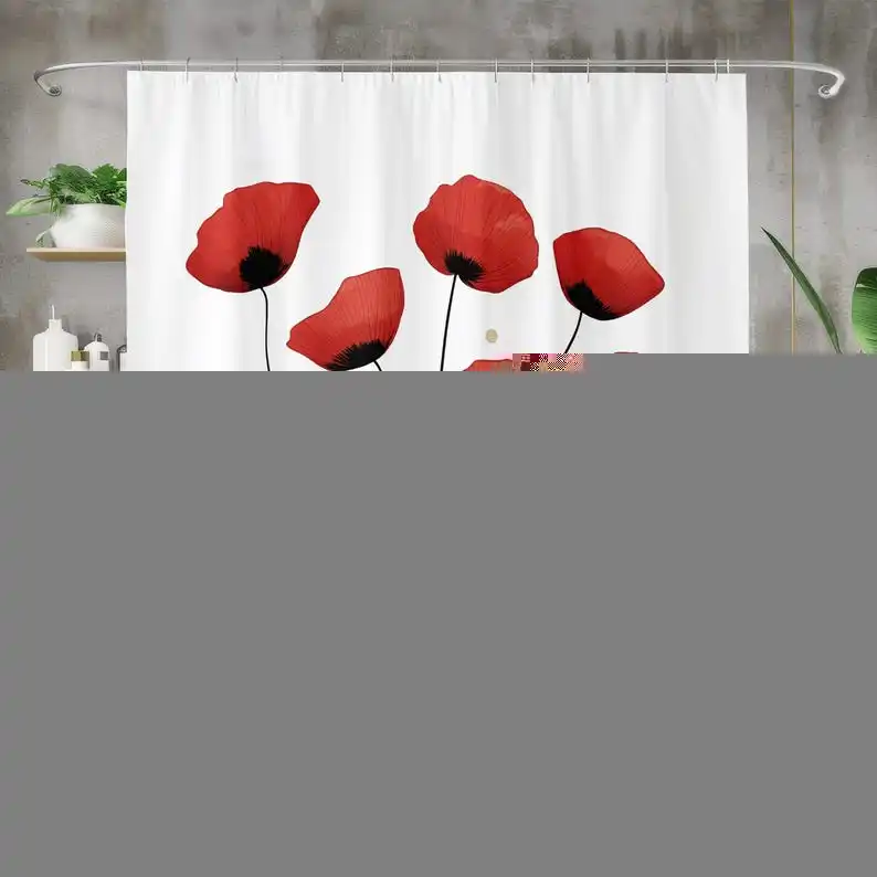 Elegant Poppy Shower Curtain, Red Flower Bathroom Decor, Botanical Bath Curtain, Waterproof Fabric, Modern Floral Design