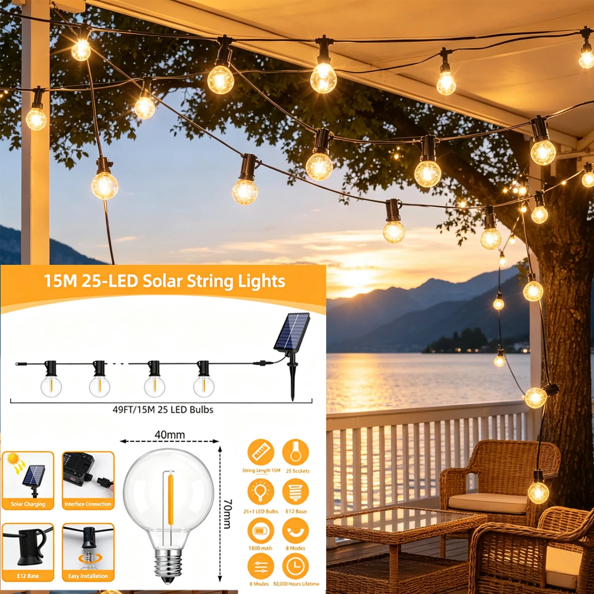 LED String Lights Balcony Decor Outdoor Solar Light Garden Lantern Decoration Bulbs Chain Lamp Decorations Outdoors Decorative