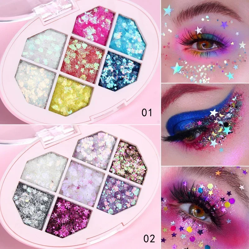 7สี Face Glitter เลื่อมเพชรอายแชโดว์ Five Pointed Star Fragment Moon อายแชโดว์ Shimmer Pigment Eyebrow Makeup Palette