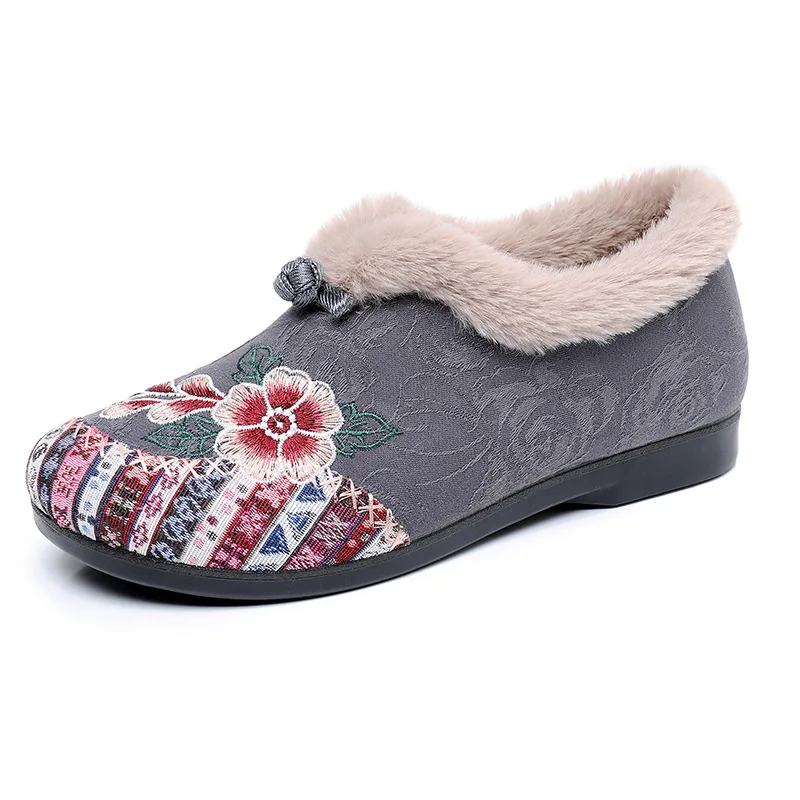 Emboridery Floral Fur Loafers Women Cozy Outdoor Trekking Shoes Ladies Mom Granny Warm Soft Moccasins Feamle Plush Sneaker