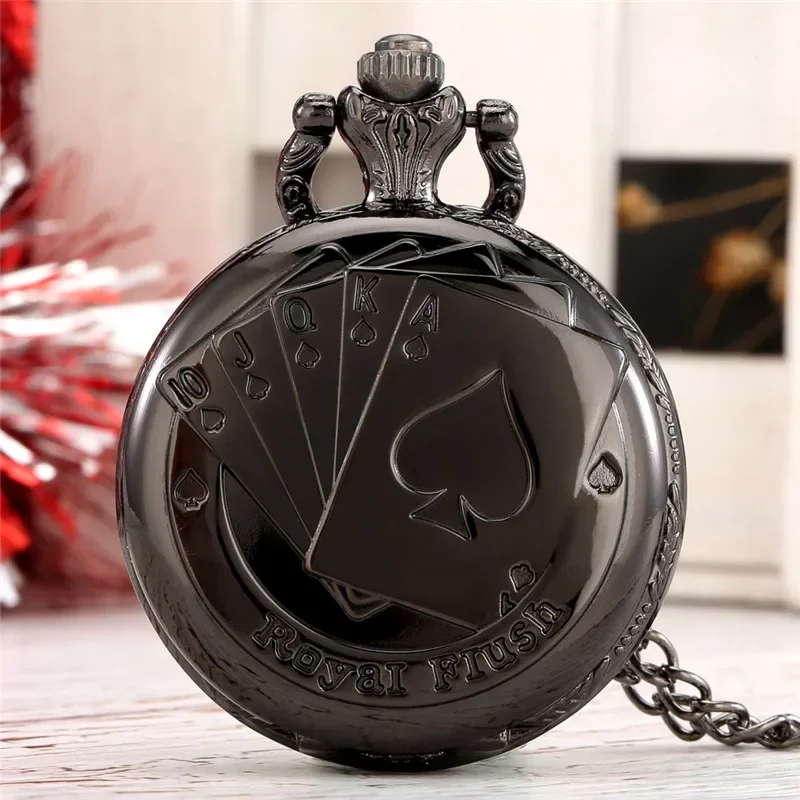 

Steampunk Bronze/silver Engraved Poker Card Case Full Hunter Quartz Pocket Watch for Men Women Necklace Chain Roman Number Dial