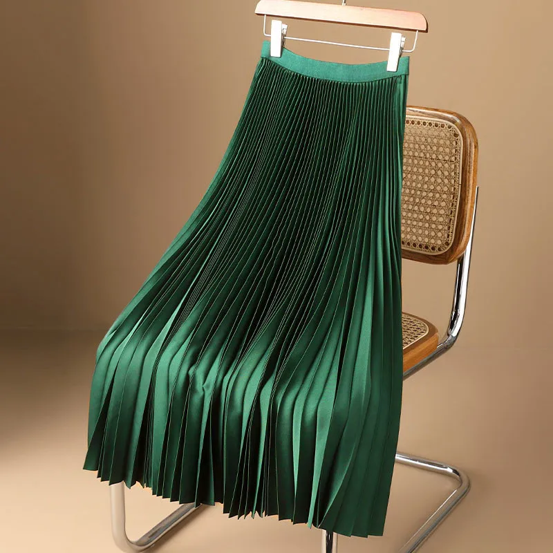 Elegant Long Pleated Skirt Women Spring Summer Solid All-Match Elastic High Waist A-line Beach Skirts Ladies 3008