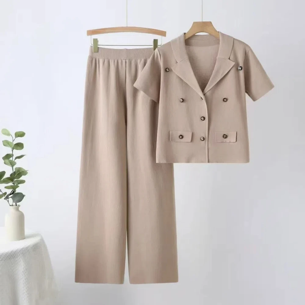 Setelan Santai Atasan Lengan Pendek Rajutan Kerah V Baru Musim Semi dan Musim Panas Wanita, Celana Kaki Lebar Pinggang Tinggi Set Dua Potong